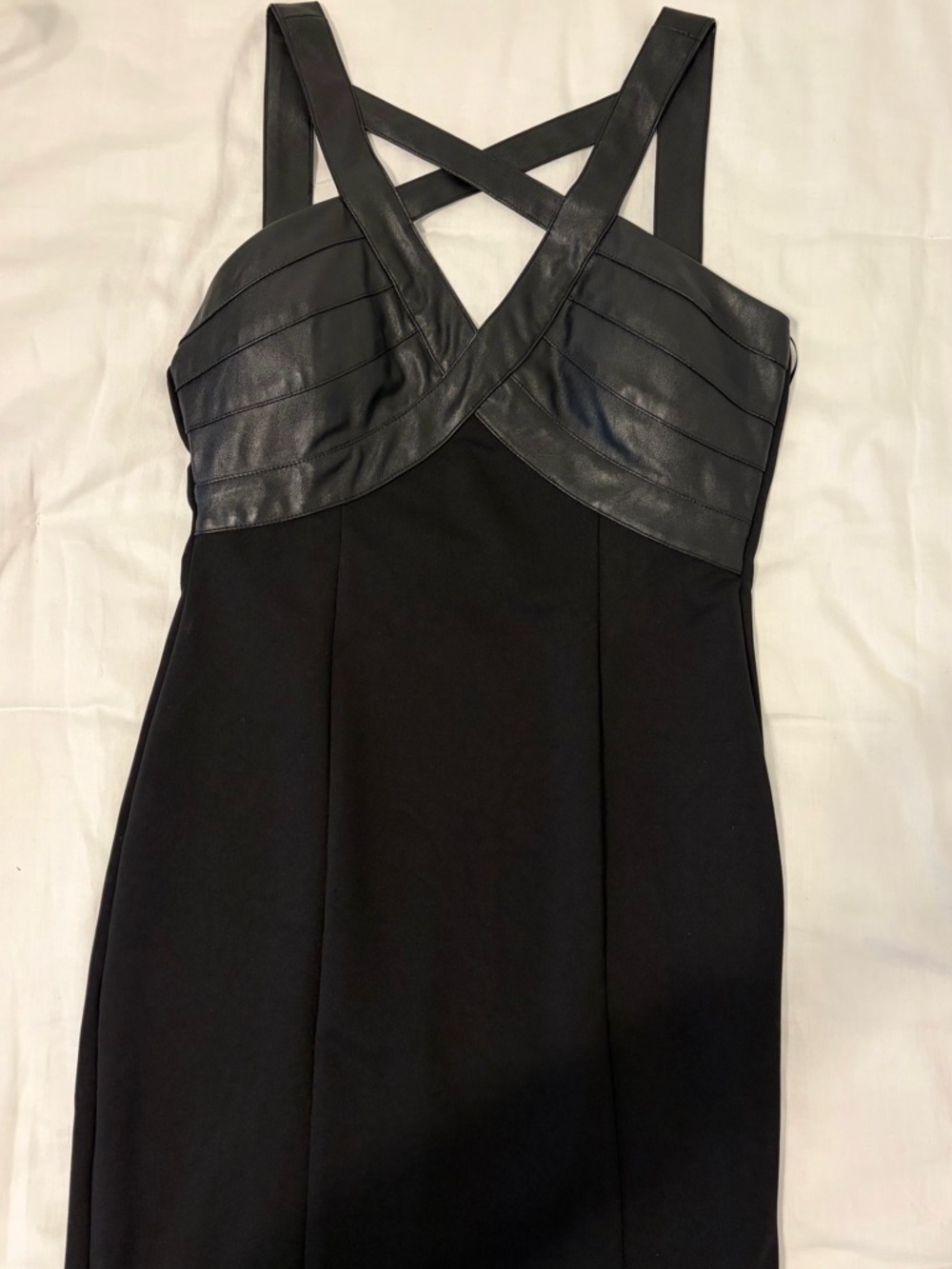 V neck Black Faux-Leather Bust Dress